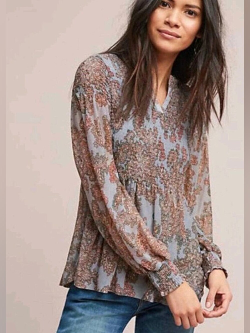 Akemi + Kin Anthropologie Adria Smocked Blue Brown Paisley Babydoll Blouse XS